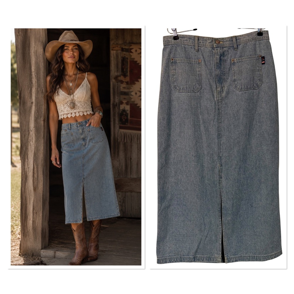 Vintage Bill Blass Jeans Denim Maxi Skirt Patch Pockets Light Wash Western 12